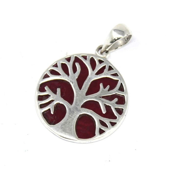 Sterling Silver & Coral Effect Pendant - Tree of Life (20mm)