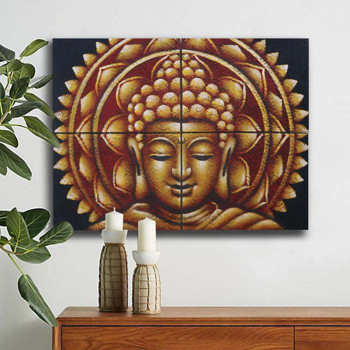 Set of 4 Painted Canvases - Buddha Mandala, Brocade Detail - Gold
