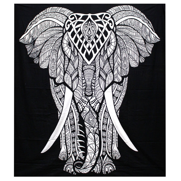 Double Cotton Bedspread / Wall Hanging - Elephant - Black & White