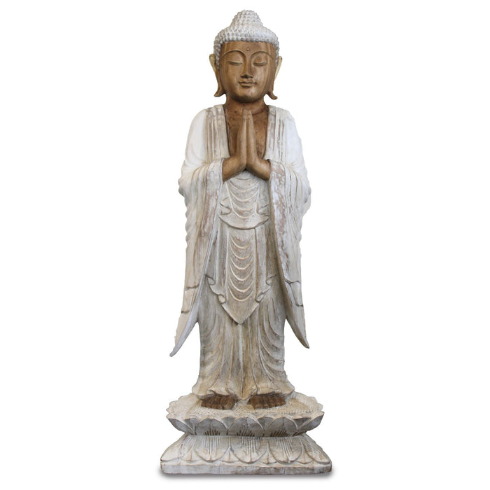 Geschnitzte stehende Buddha-Statue aus Holz, Willkommen – Whitewash 1M