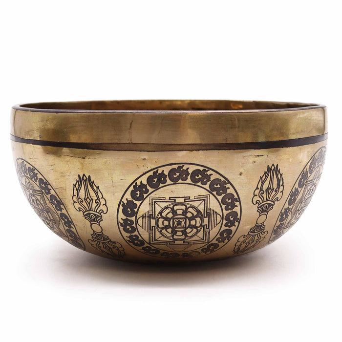 Engraved Brass Tibetan Singing Bowl - 5 Buddhas, 21cm