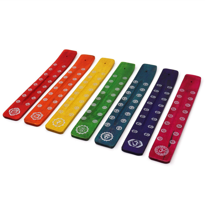 Räucherstäbchenhalter aus Mangoholz – Chakra-Design, verschiedene Farben