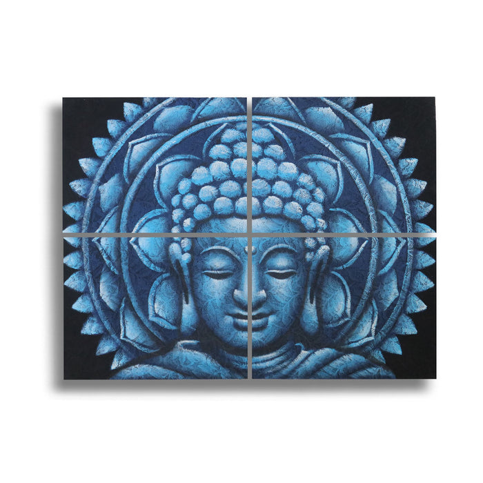 Set of 4 Painted Canvases - Buddha Mandala, Brocade Detail - Blue