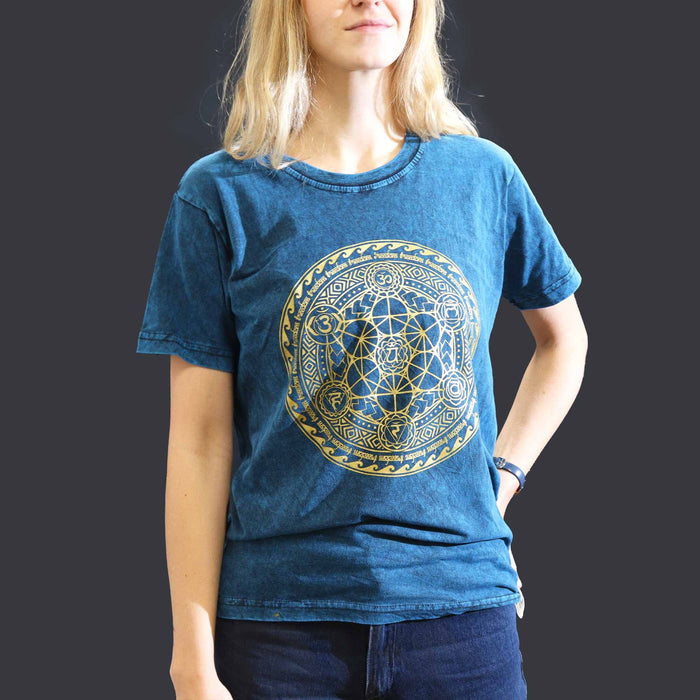 Stonewashed Baumwoll-T-Shirt – Chakra, Blau (S)