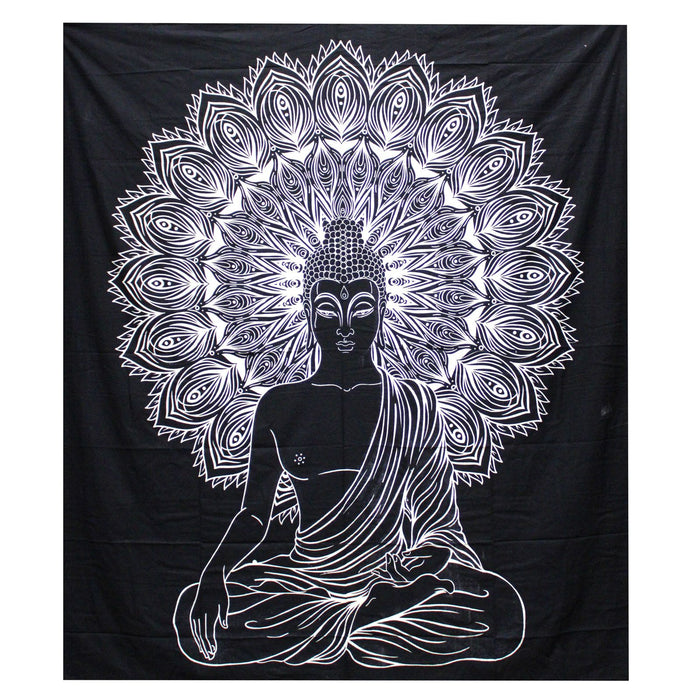 Double Cotton Bedspread / Wall Hanging - Buddha - Black & White