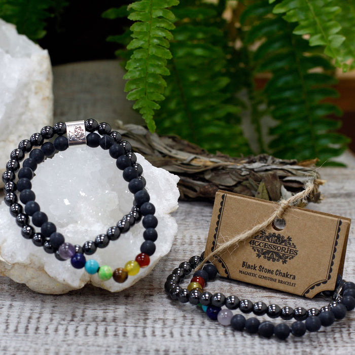 Magnetisches Edelsteinarmband - Schwarzer Stein & Chakra-Steine