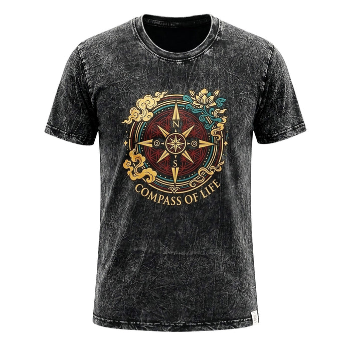Stonewashed Cotton T-Shirt - Compass of Life, Charcoal (Medium)