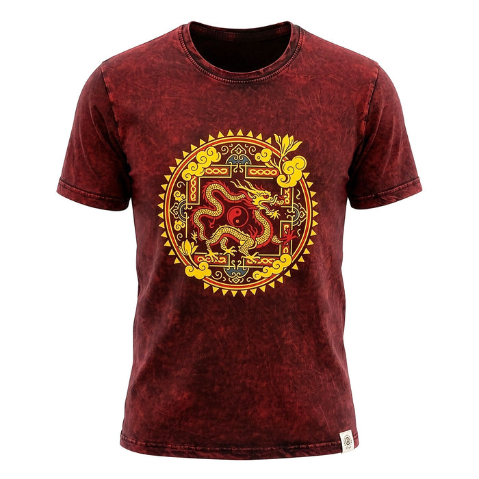 Stonewashed Cotton T-Shirt - Dragon Mandala, Maroon (Large)