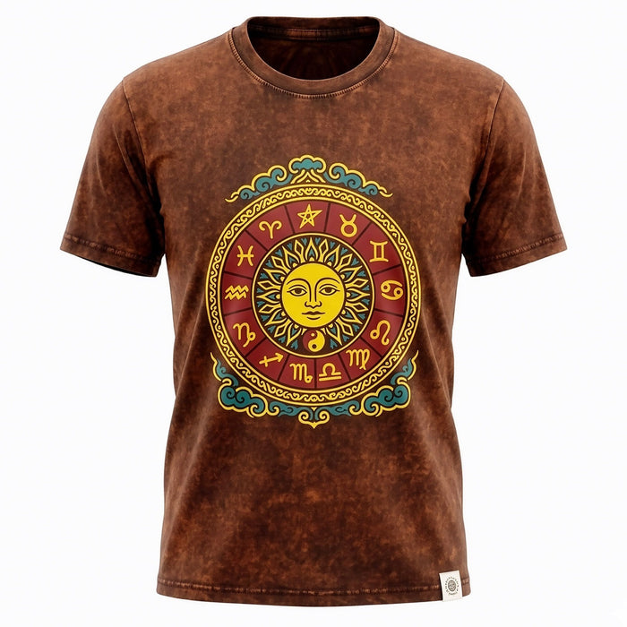 Stonewashed Cotton T-Shirt - Sun & Zodiac, Brown (XL)