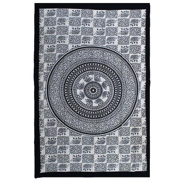 Single Cotton Bedspread / Wall Hanging - Elephant Mandala - Black & White
