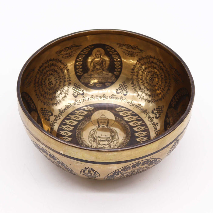 Engraved Brass Tibetan Singing Bowl - 5 Buddhas, 21cm