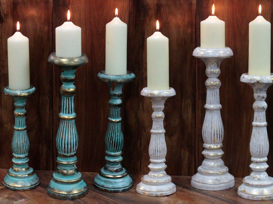 Medium Albasia Wood Candle Stand - White & Gold