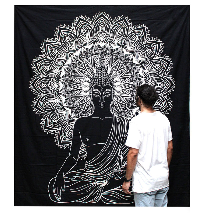Double Cotton Bedspread / Wall Hanging - Buddha - Black & White