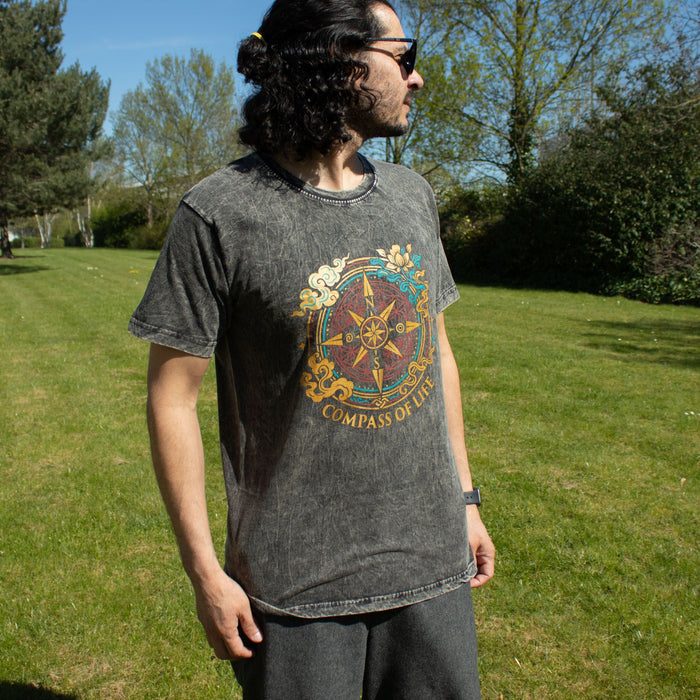 Stonewashed Cotton T-Shirt - Compass of Life, Charcoal (Medium)
