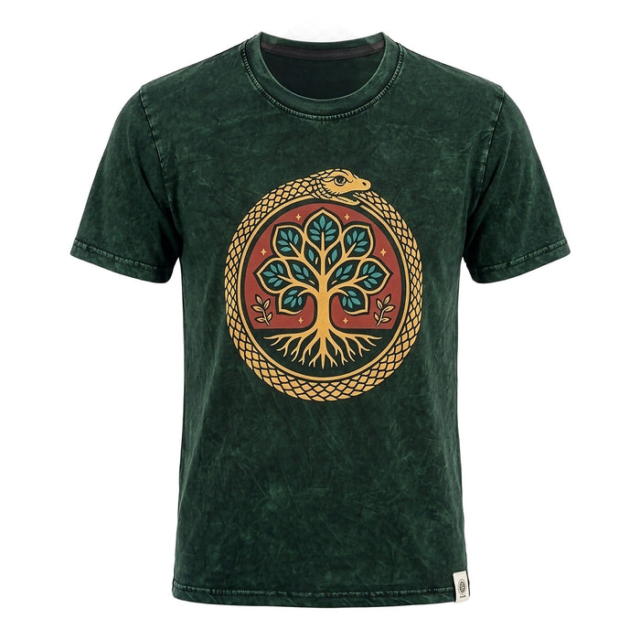 Stonewashed Cotton T-Shirt - Tree of Life, Green (Medium)