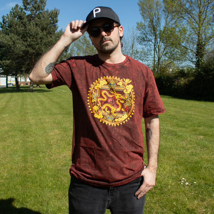 Stonewashed Cotton T-Shirt - Dragon Mandala, Maroon (Large)