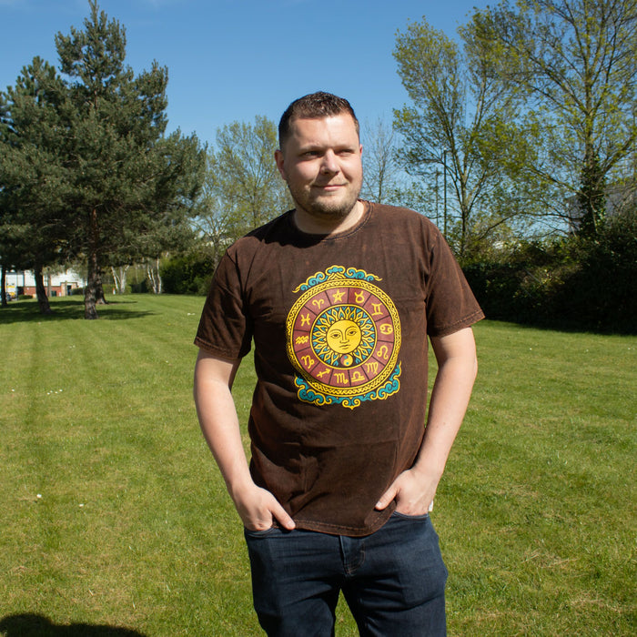 Stonewashed Cotton T-Shirt - Sun & Zodiac, Brown (XL)