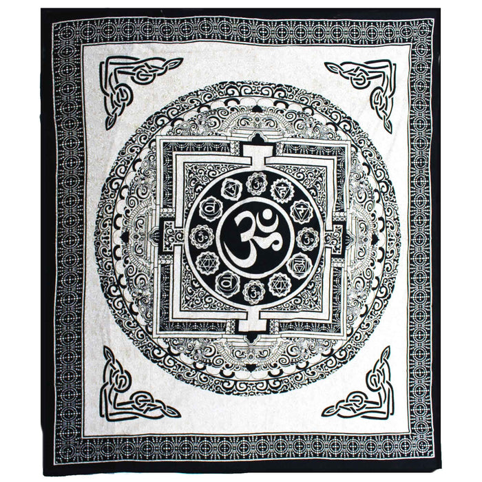 Double Cotton Bedspread / Wall Hanging - OM Mandala - Black & White