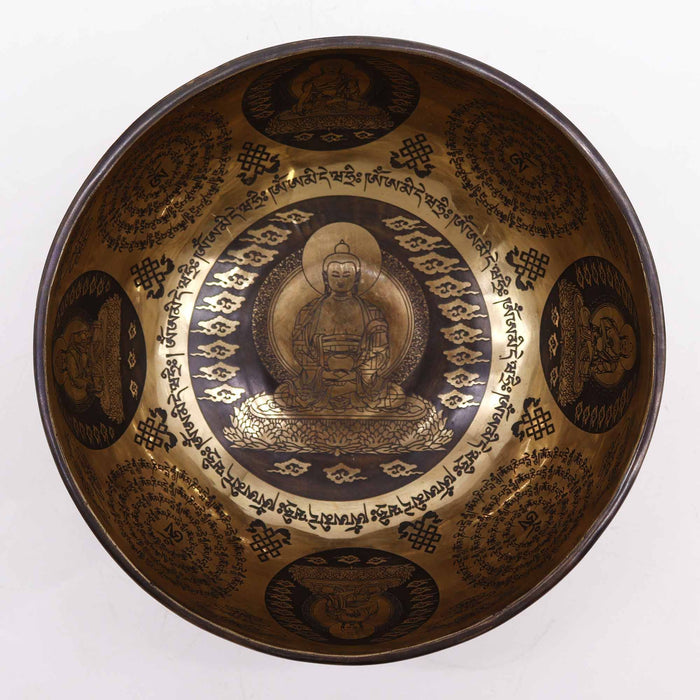 Engraved Brass Tibetan Singing Bowl - 5 Buddhas, 21cm