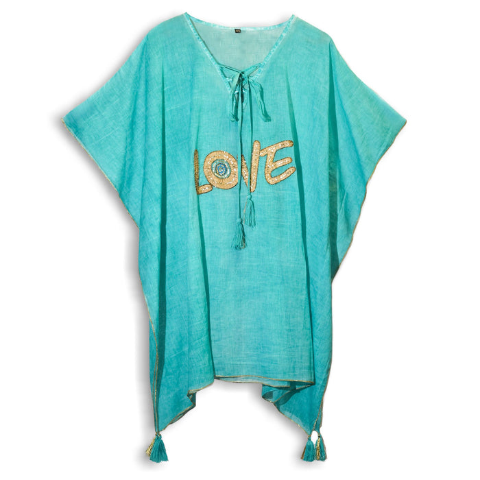 Baumwollkaftan – „LOVE“, Türkis & Gold