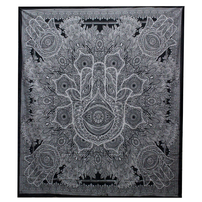 Double Cotton Bedspread / Wall Hanging - Hamsa - Black & White