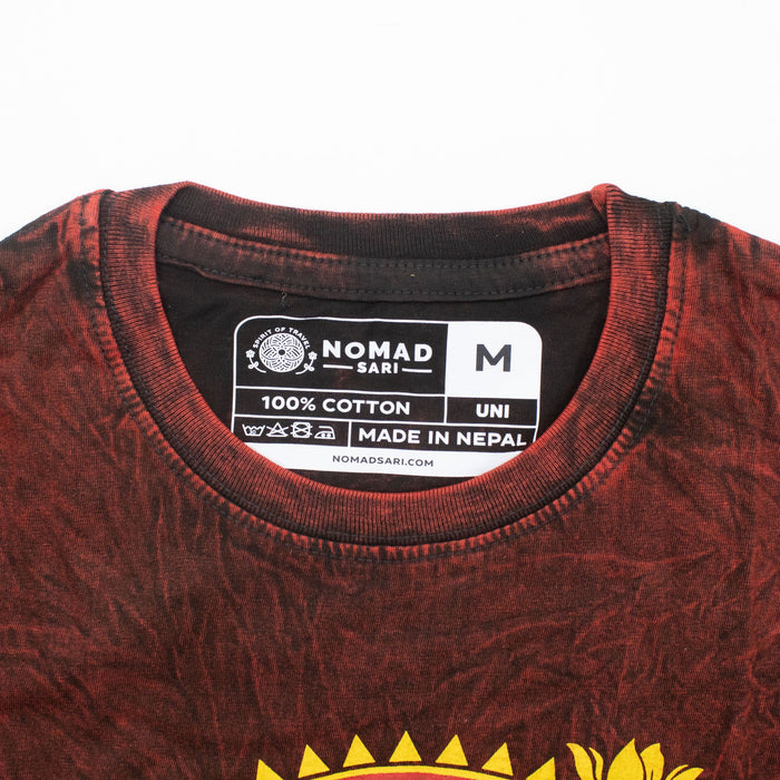Stonewashed Cotton T-Shirt - Dragon Mandala, Maroon (Large)