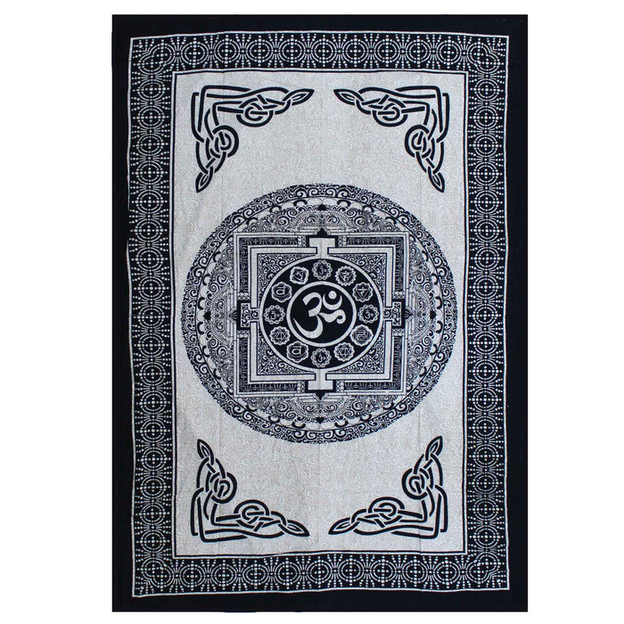Single Cotton Bedspread / Wall Hanging - OM Mandala - Black & White