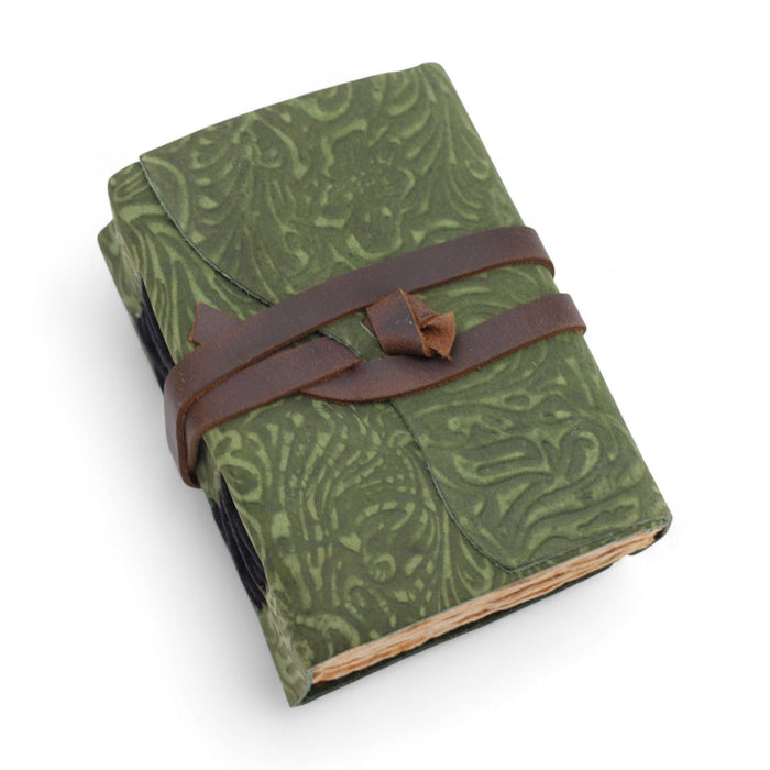 Leder Notizbuch – Grünes Labyrinthmuster, Büttenränder (12,7 cm x 8,9 cm)