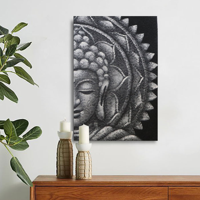 Painted Canvas - Half Buddha Face, Mandala - Grey, Brocade Detail