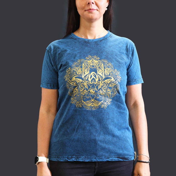 Stonewashed Baumwoll-T-Shirt – Hamsa, Blau (Medium)