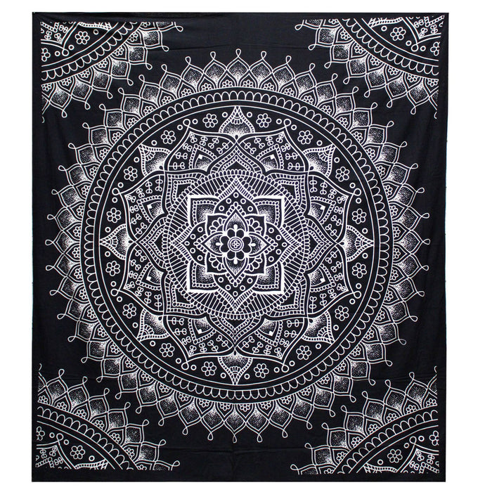 Double Cotton Bedspread / Wall Hanging - Lotus Flower - Black & White