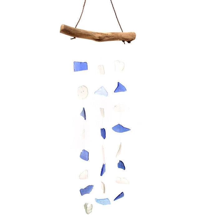 Windspiel aus Glas und Treibholz – 3 Schnüre, Blau & Weiß