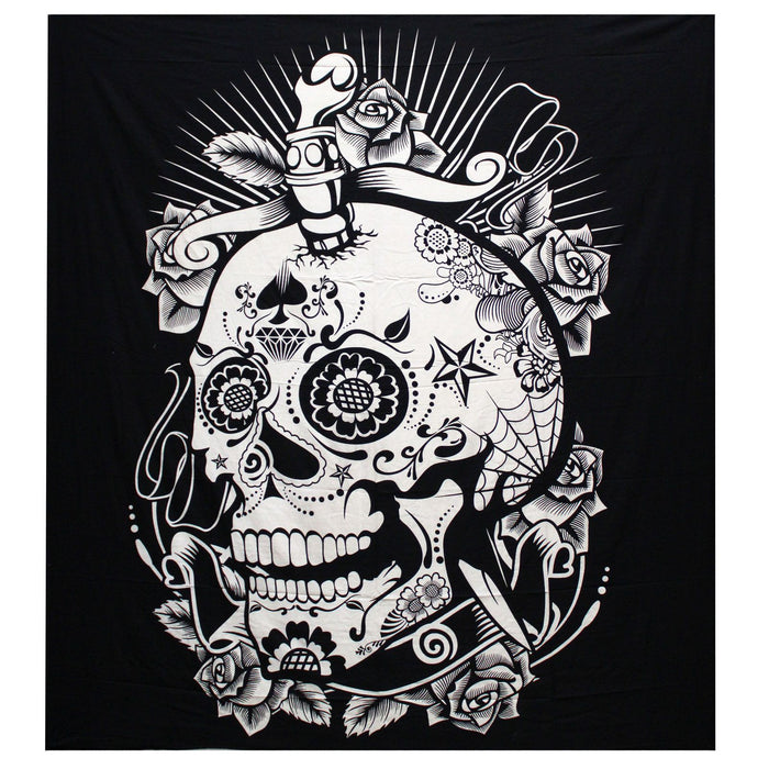 Double Cotton Bedspread / Wall Hanging - Rose Skull - Black & White