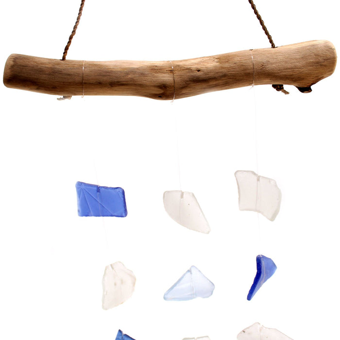 Windspiel aus Glas und Treibholz – 3 Schnüre, Blau & Weiß