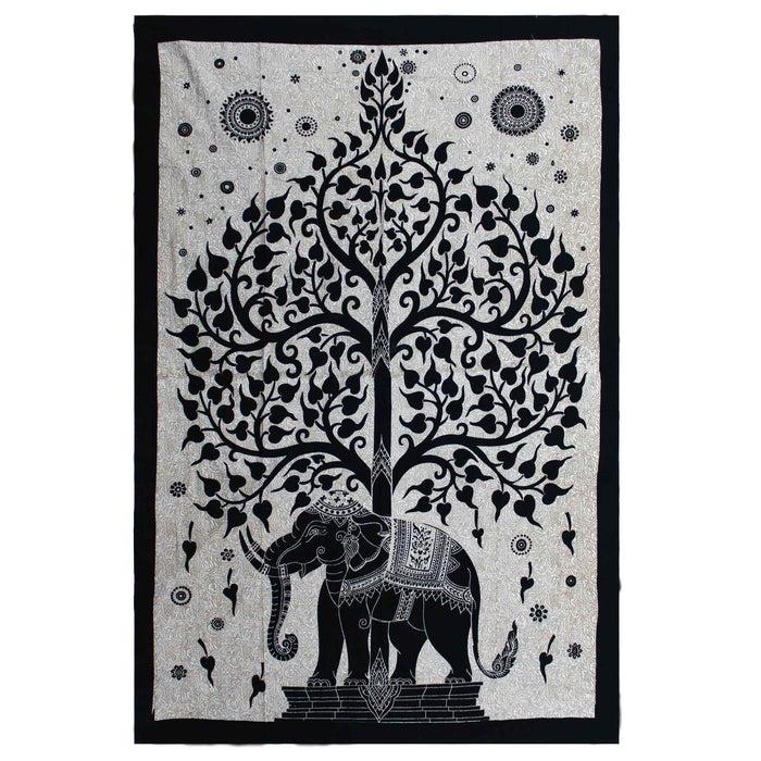 Single Cotton Bedspread / Wall Hanging - Elephant Tree - Black & White