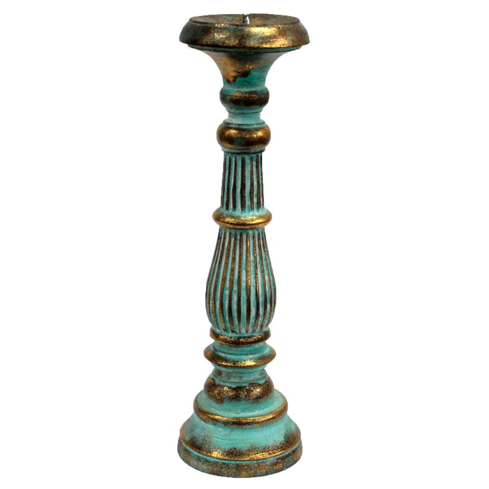 Large Albasia Wood Candle Stand - Turquoise & Gold