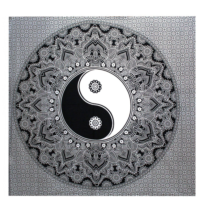 Double Cotton Bedspread / Wall Hanging - Yin Yang - Black & White