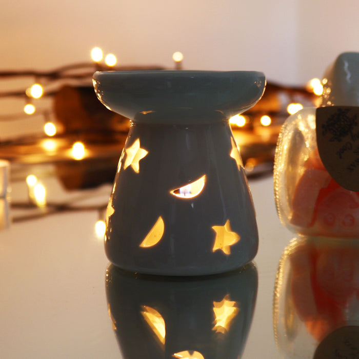 Duftlampe aus Keramik – Mond & Sterne, Weiß