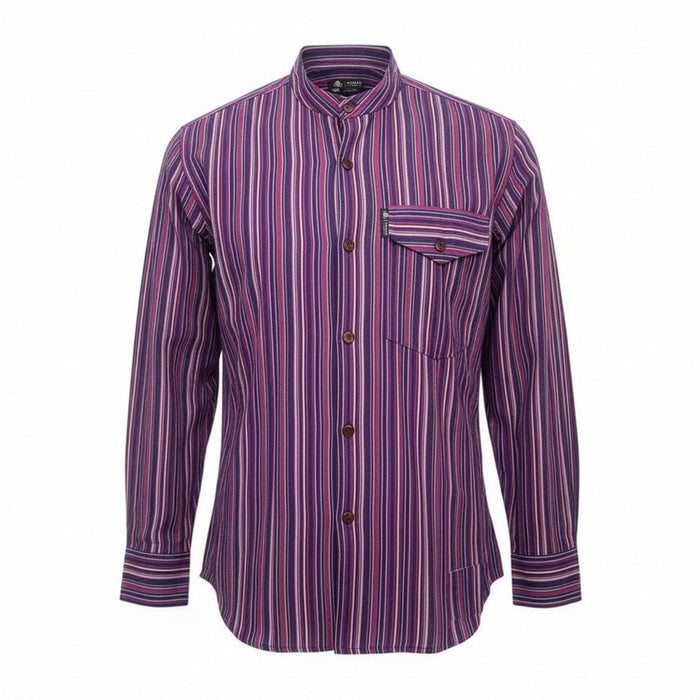 Striped Cotton Grandad Shirt - Black Purple (Medium)