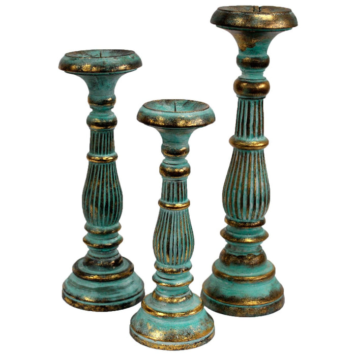 Small Albasia Wood Candle Stand - Turquoise & Gold