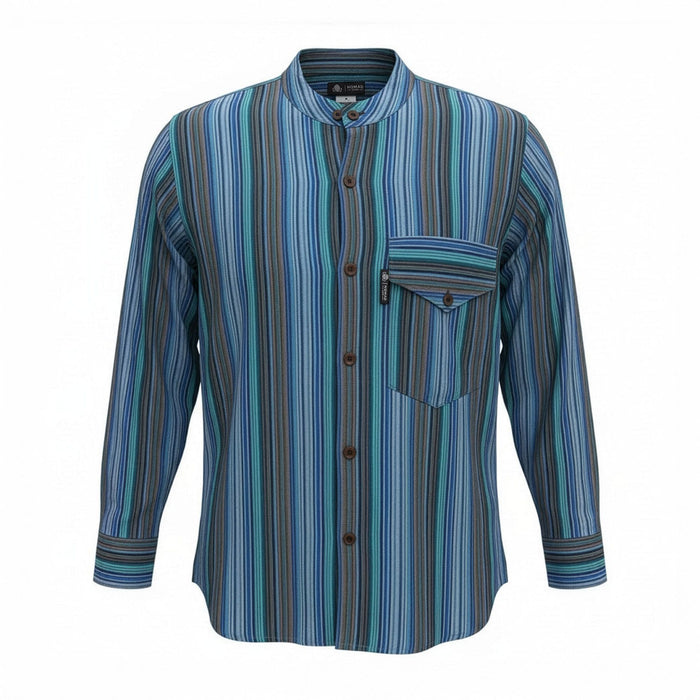 Striped Cotton Grandad Shirt - Turquoise (Large)