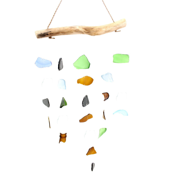 Windspiel aus Glas und Treibholz – 5 Schnüre, mehrfarbig
