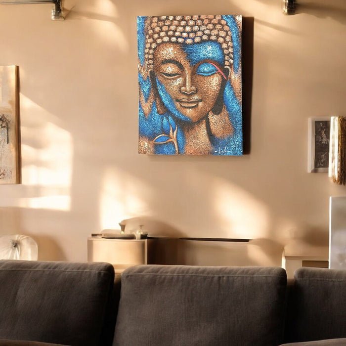 Painted Canvas - Buddha, Bronze & Blue Flower