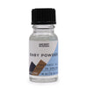 A clear glass bottle with black cap and geometric label holding 10ml baby powder fragrance oil with allergen declarations