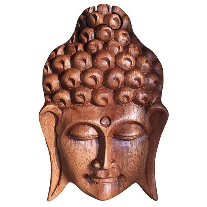 Bali magic box wooden buddha head wall decor with intricate hand-carved details and warm natural wood finish