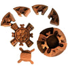 Bali magic box wooden puzzle in natural wood with carved ship wheel and turtle designs in a round petal shape