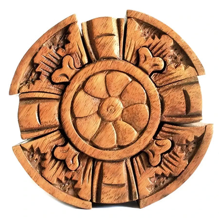 Bali Magic Box round petal hand carved wooden wall decor with intricate floral and geometric patterns in natural wood color