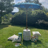 Blue patterned bali patio parasol with tassels made of turquoise canvas, 2 meters wide for outdoor shade