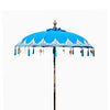 Bali patio parasol turquoise canvas umbrella with vibrant blue fabric white embroidery and tassels around rim