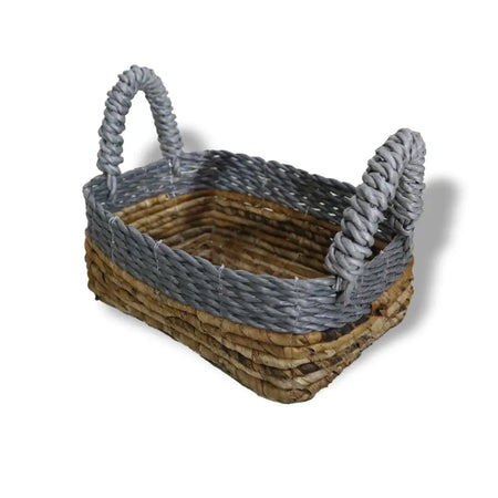 Gray and natural woven banana leaf raffia baskets with twisted rope handles set of 3 for storage or decor